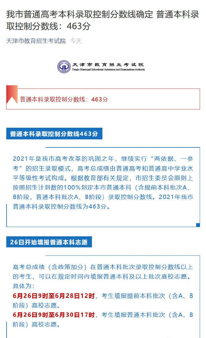 天津2021年高考分数线