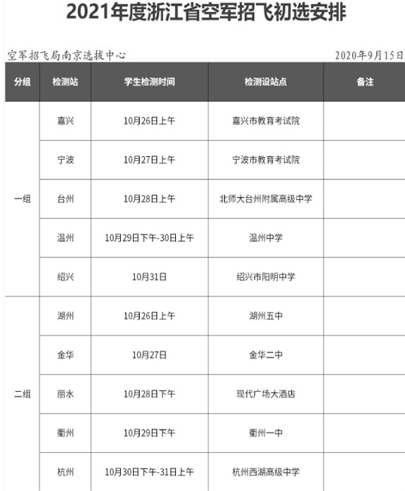 2021浙江空军招飞初选安排时间表