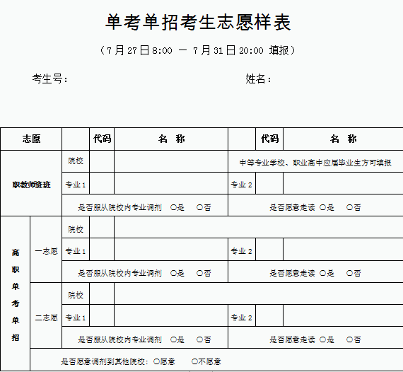 北京高考志愿填报表样表