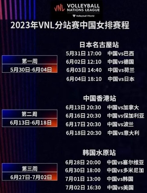 2023世界女排联赛中国队赛程
