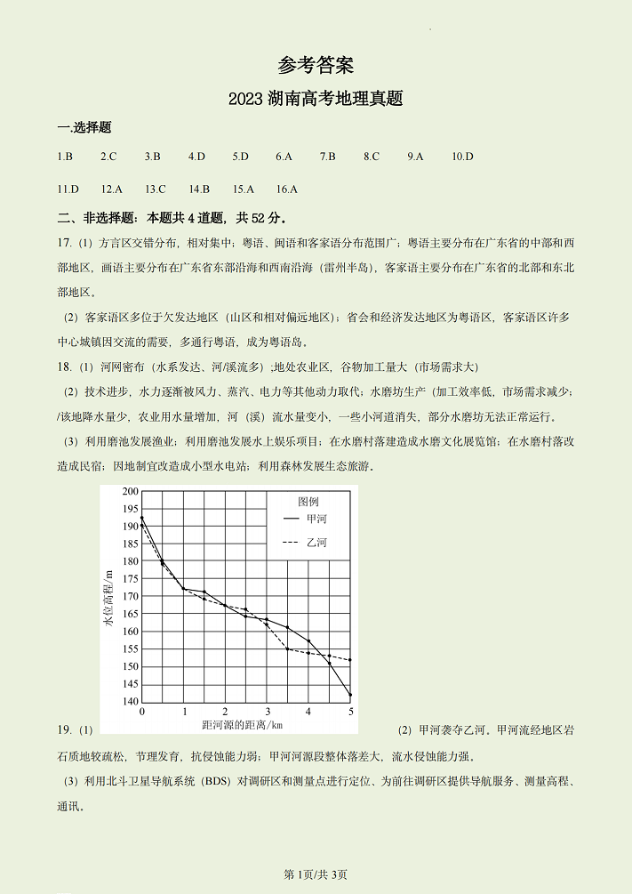 2023地理高考试卷湖南卷含参考答案