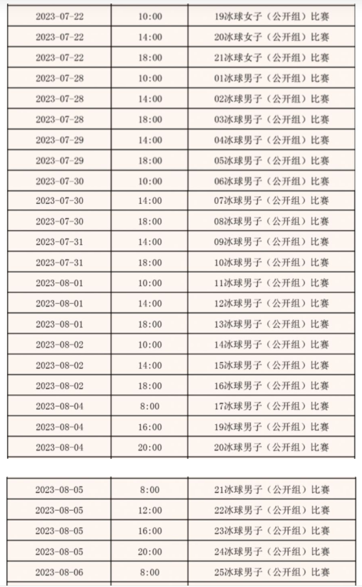 2023第十四届冬季运动会冰球项目赛程