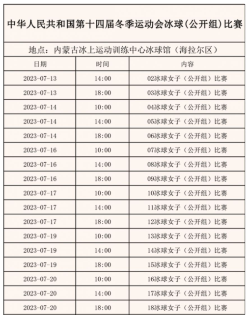 2023第十四届冬季运动会冰球项目赛程