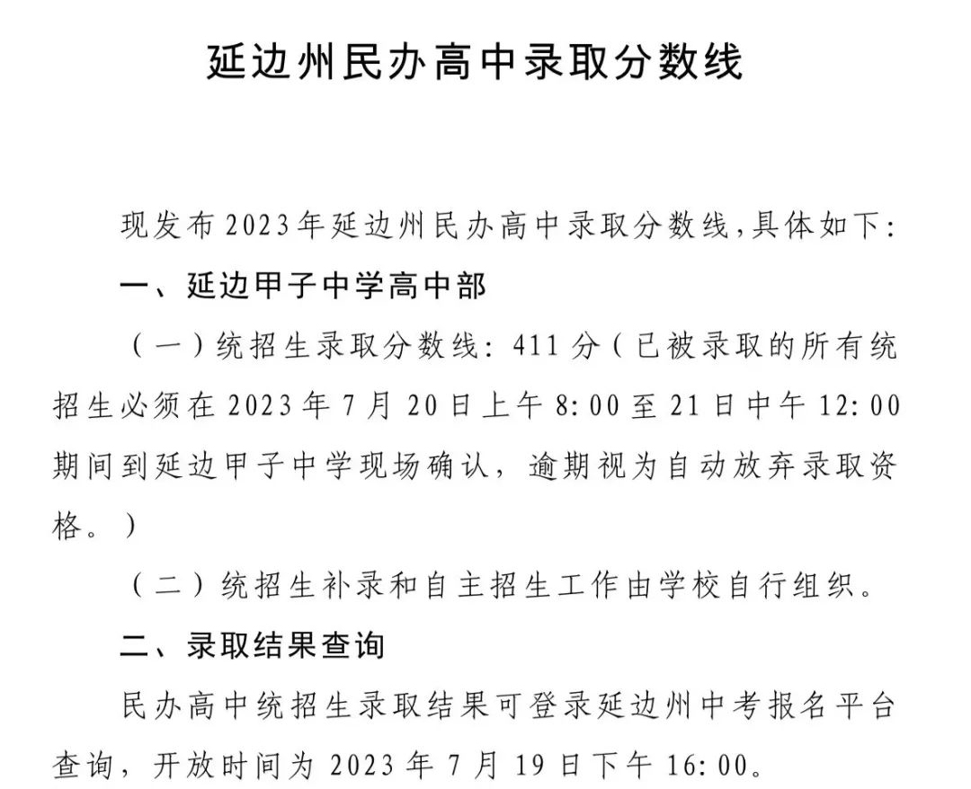 2023延边州民办高中录取分数线公布