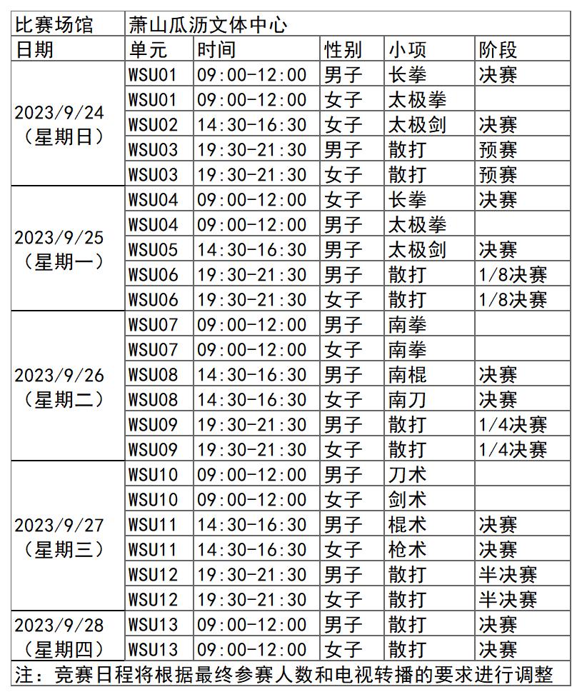 杭州亚运会武术比赛时赛程表2023