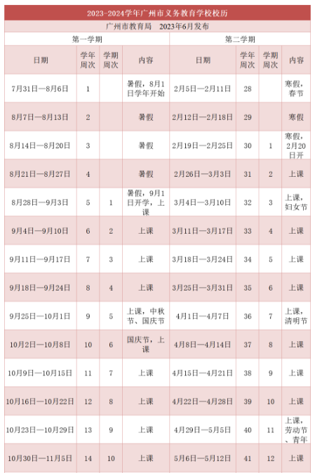 广州2023-2024学年中小学、高中开学时间