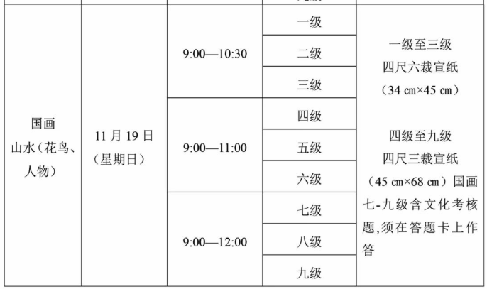 2023下半年四川书画等级考试各科开考时间