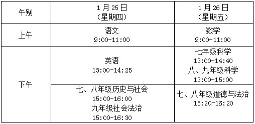 余姚第一学期初中期末考试时间