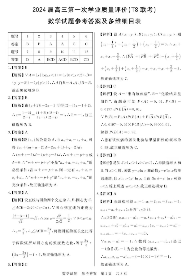 全国T8联考2024高三第一次联考数学真题及答案