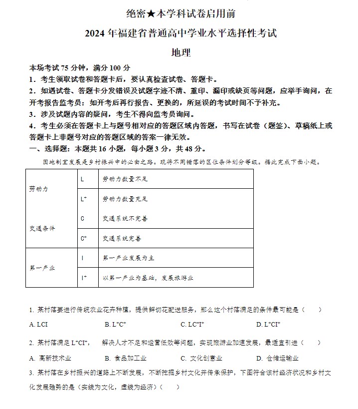 2024年福建省高考地理试卷及答案