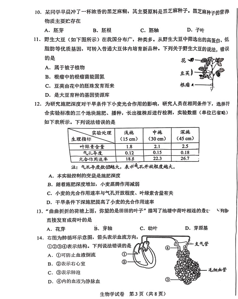 2024年河北中考生物试卷及答案