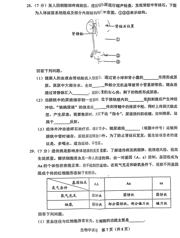 2024年河北中考生物试卷及答案