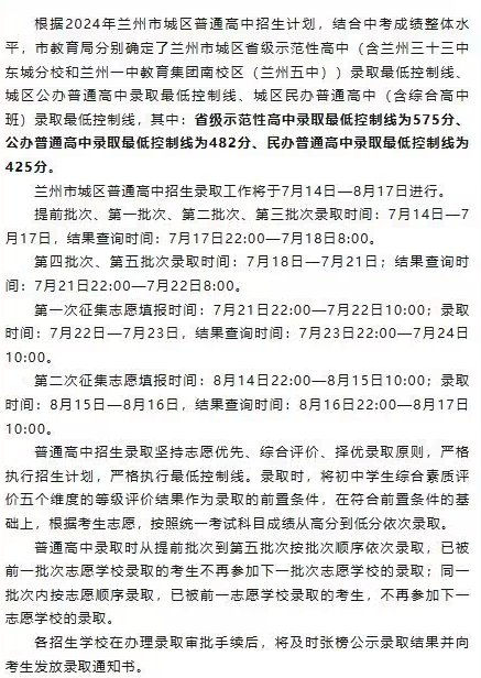 2024兰州中考分数线及志愿填报时间