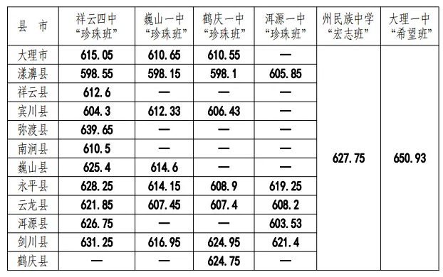 2024大理洲中考一批次县市分数线