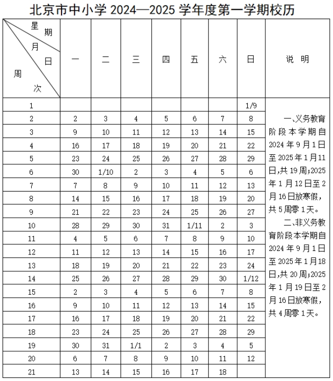 2024-2025年北京中小学放假时间及开学时间