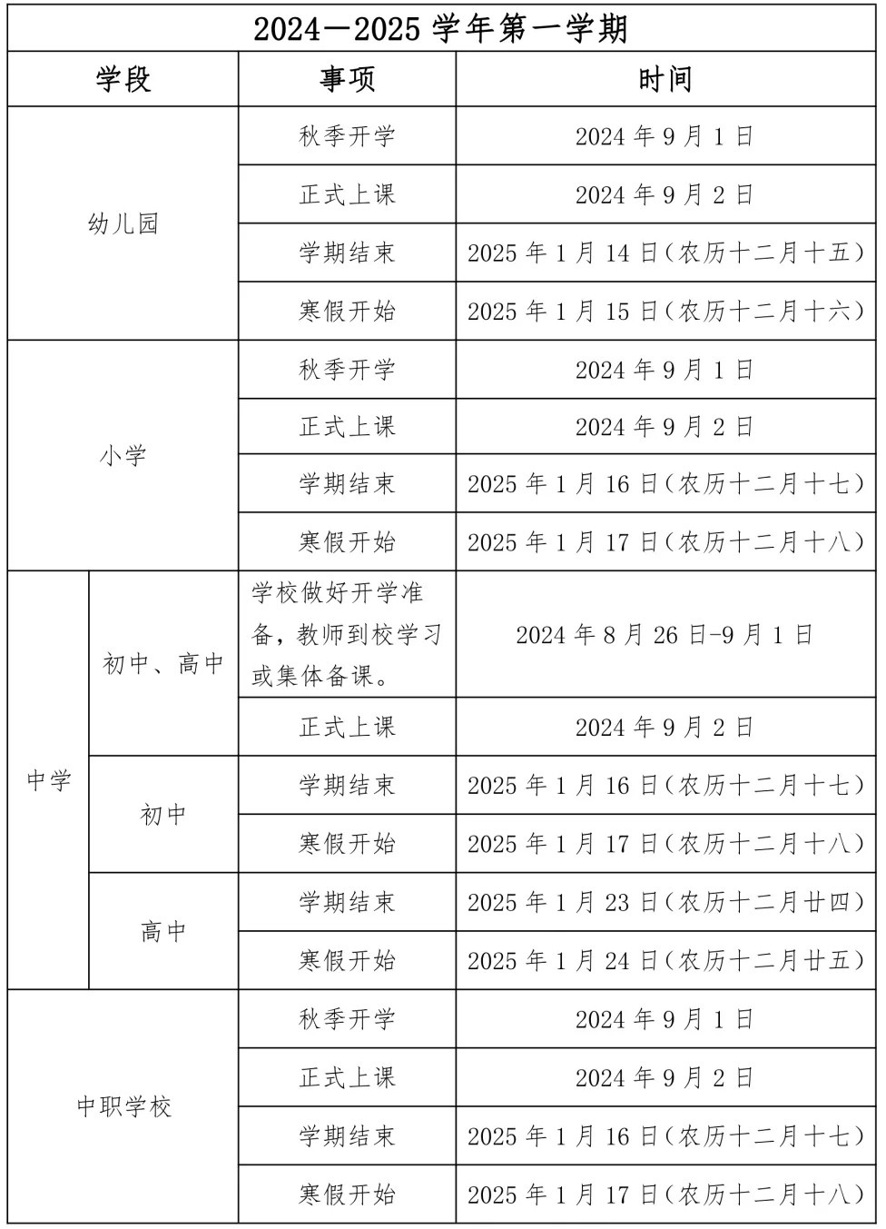 泉州市幼儿园、普通中小学、中等职业学校校历开学时间安排