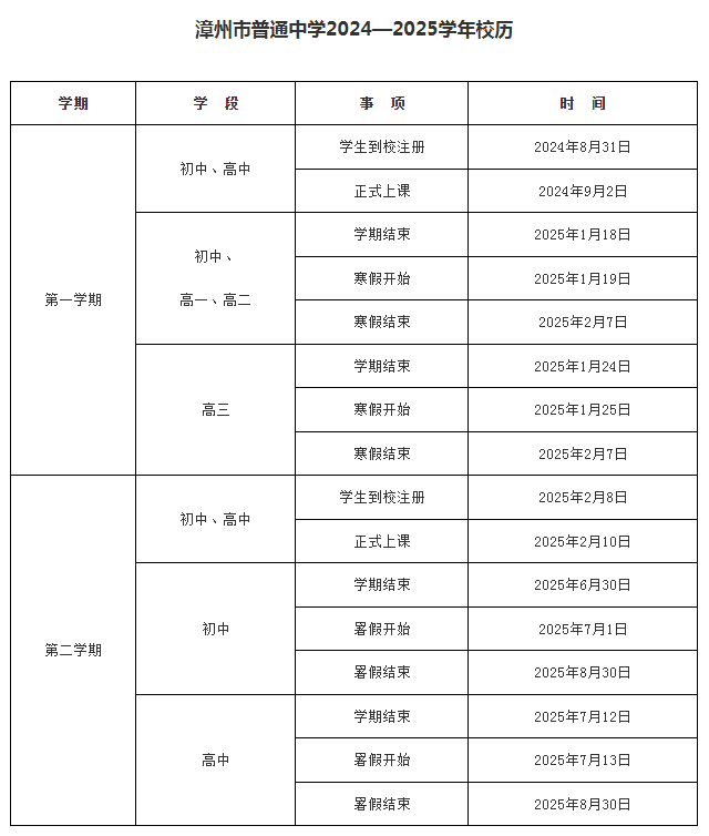 漳州普通中学开学来校安排