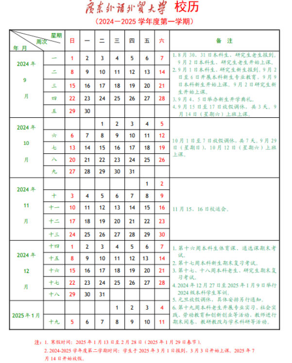 广东外语外贸大学寒假开始和结束时间