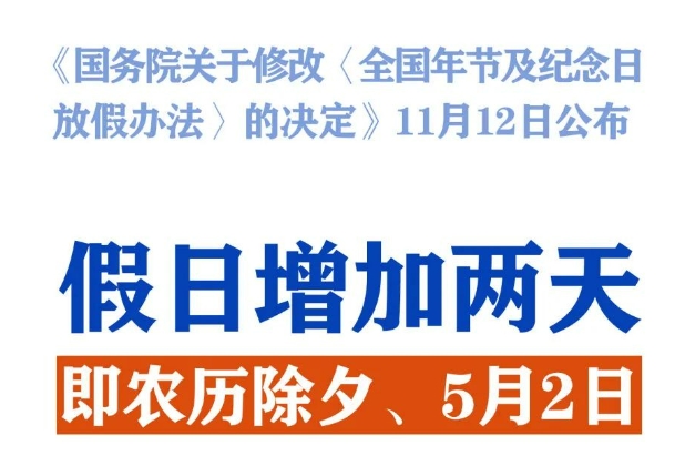 2025年起法定节假日增加2天