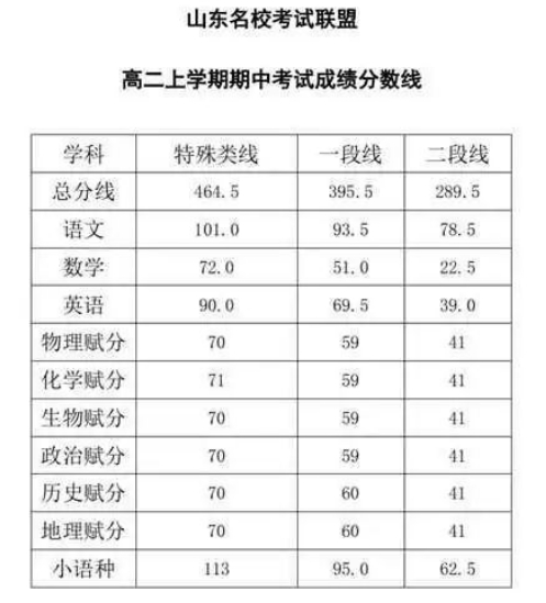 山东名校考试联盟期中划线成绩公布