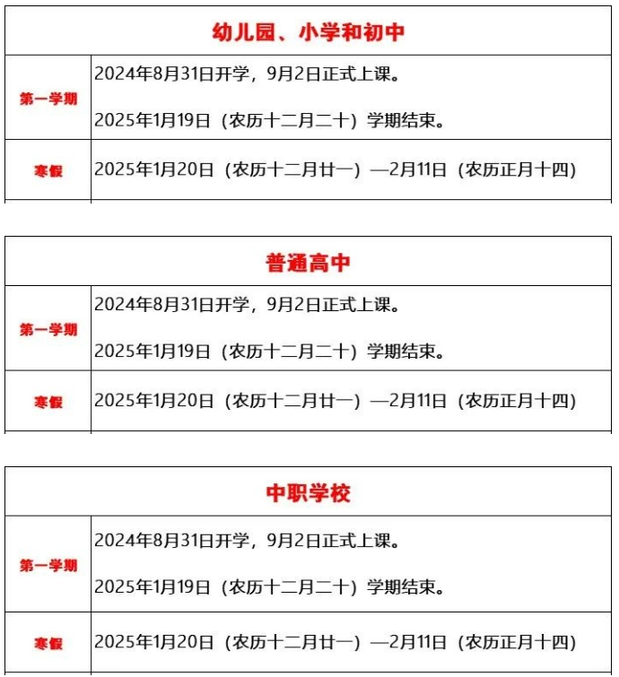 福建各地市2025中小学、幼儿园寒假时间安排