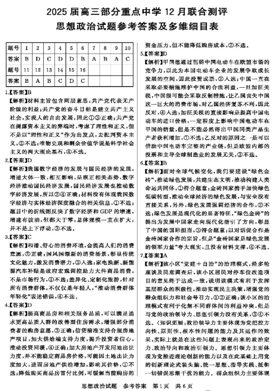 全国T8联考2025届高三12月政治+答案