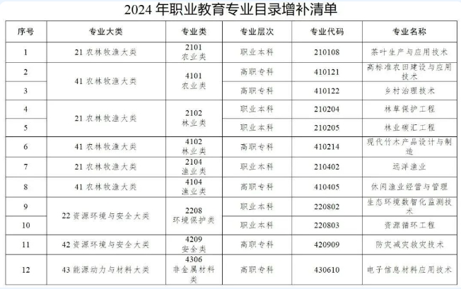 2024年职业教育专业目录增补清单