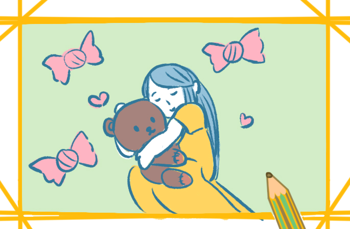 抱着玩具熊的女生上色简笔画图片教程