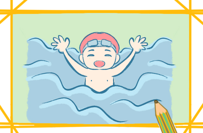 游泳的小男孩上色简笔画原创教程步骤图