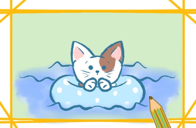 游泳的猫咪上色简笔画图片教程步骤